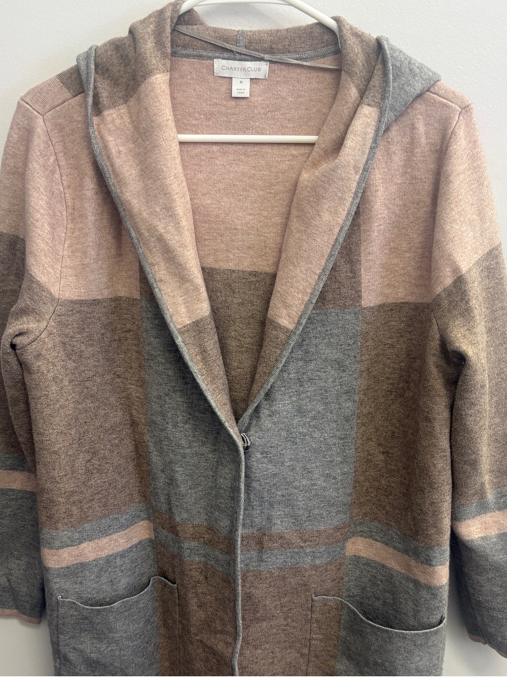 Charter Club Hooded Colorblock Long Cardigan in Blush, Taupe & Gray